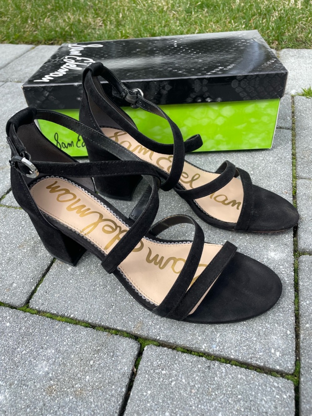 Women’s Sam Edelman Stacie Black Suede Multi-Strap Block Heel Sandals - Picture 6 of 10